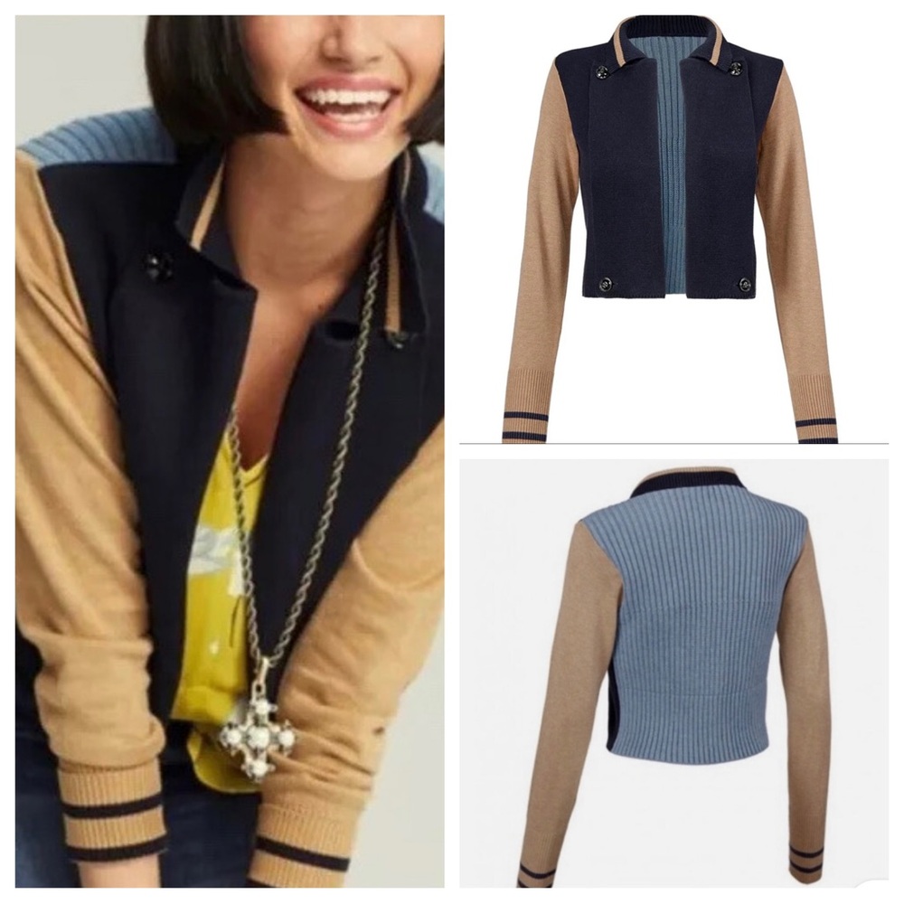 CABI Turn Back Varsity Open Front Sweater Colorblock Sz Med Blue Tan Preppy‎
